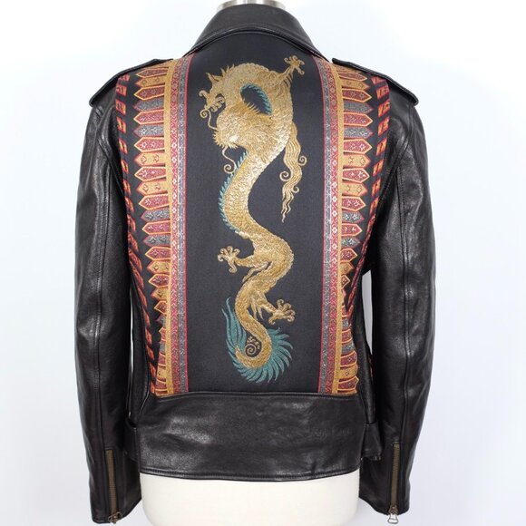 ETRO leather jacket 48 US 12 dragon embroidered black brocade - Picture 3 of 16